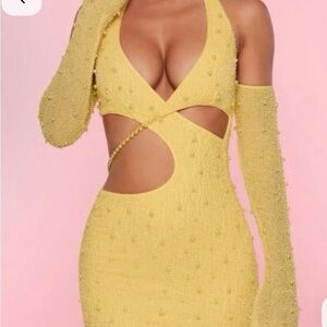Oh Polly Beaded Yellow Cutout Mini Dress